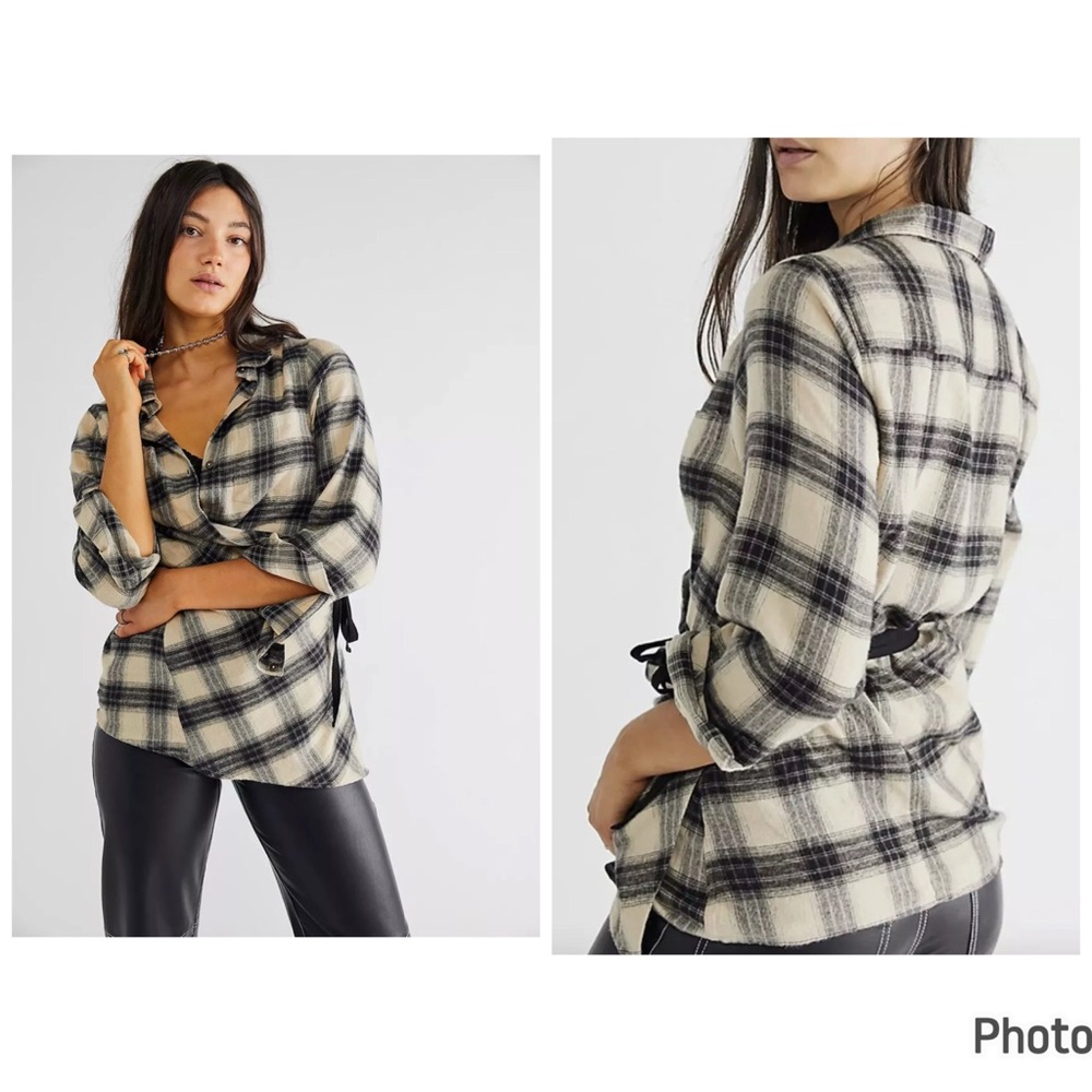Free People Nicholas K Roux Shirt‎ Plaid Black Beige Flannel XS